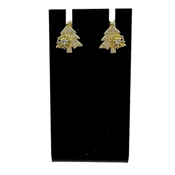 Christmas Tree Earrings Snowflake Crystal Accents Sparkly Holiday Costume Jewelr - Picture 3 of 11